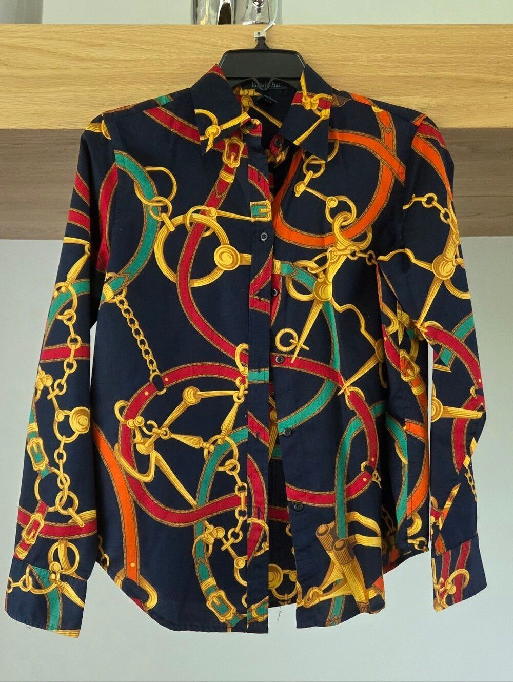 (NWT) Ralph Lauren Navy Blue Gold Chain Print Blouse Top